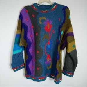 Mariea Kim Vintage Sweater-Mock Neck-Bright Multicolor Art to Wear-Wool Blend-M